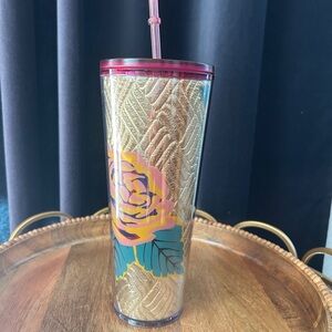 Starbucks Gold Quilted Rose Floral Tumbler 24oz